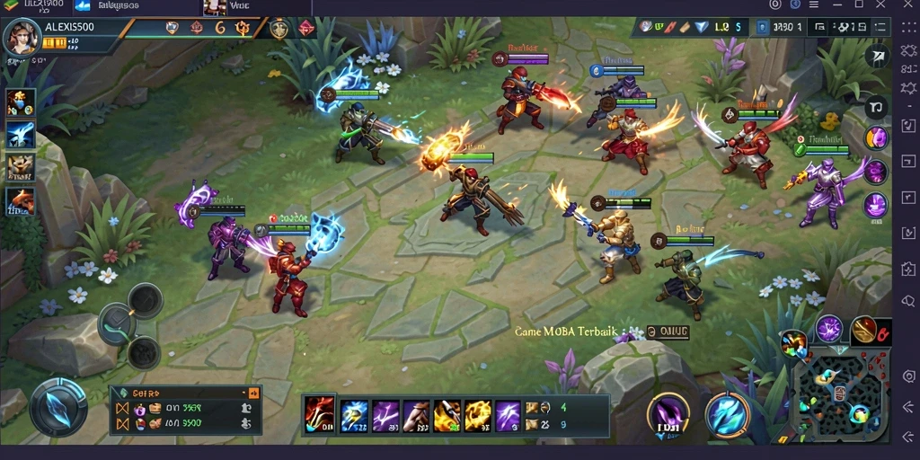 Screenshot gameplay ALEXIS500 menampilkan pertarungan epik antar hero.