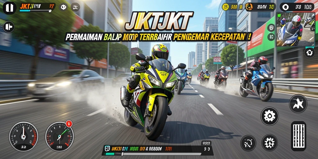 Tampilan gameplay JKTJKT yang penuh aksi dan kecepatan balap motor.