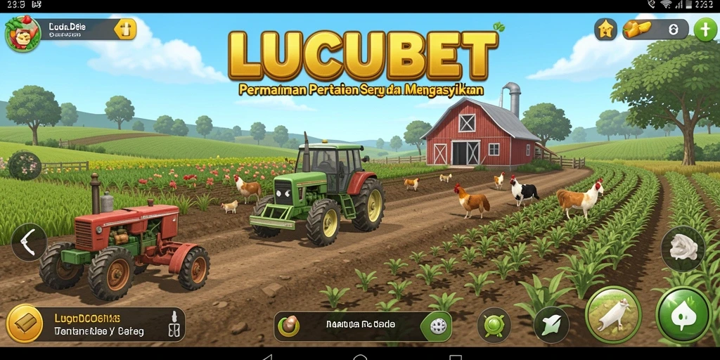 Screenshot gameplay LUCUBET menampilkan pertanian yang aktif dan penuh warna.