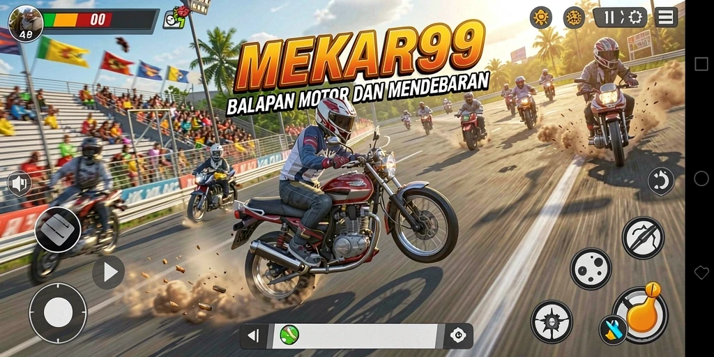 Screenshot gameplay MEKAR99 yang menunjukkan aksi balapan motor.