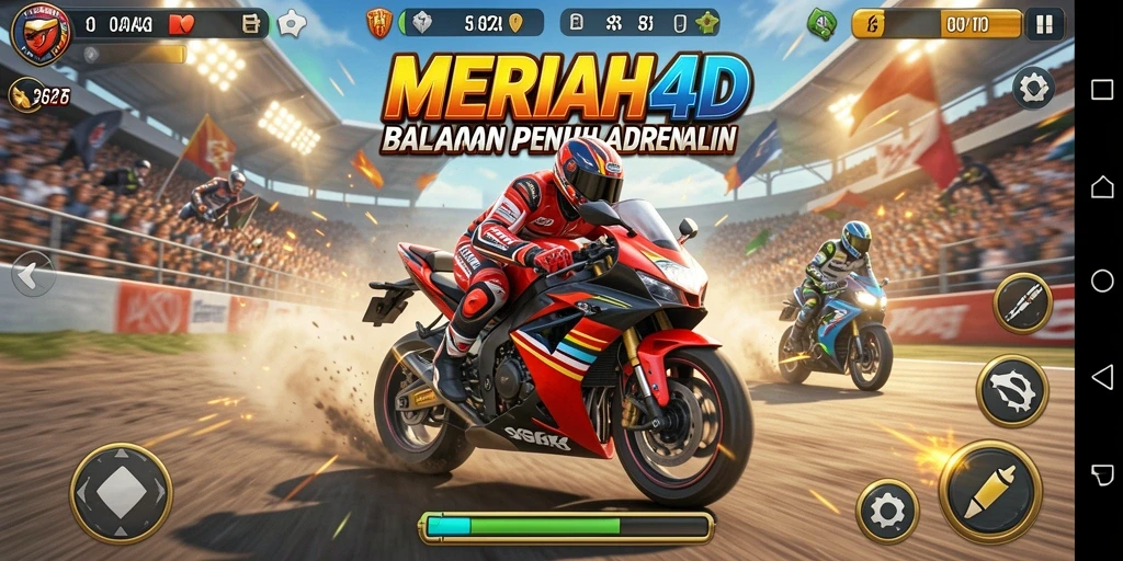 Screenshot gameplay <strong>MERIAH4D</strong> menunjukkan aksi balapan motor yang mendebarkan.