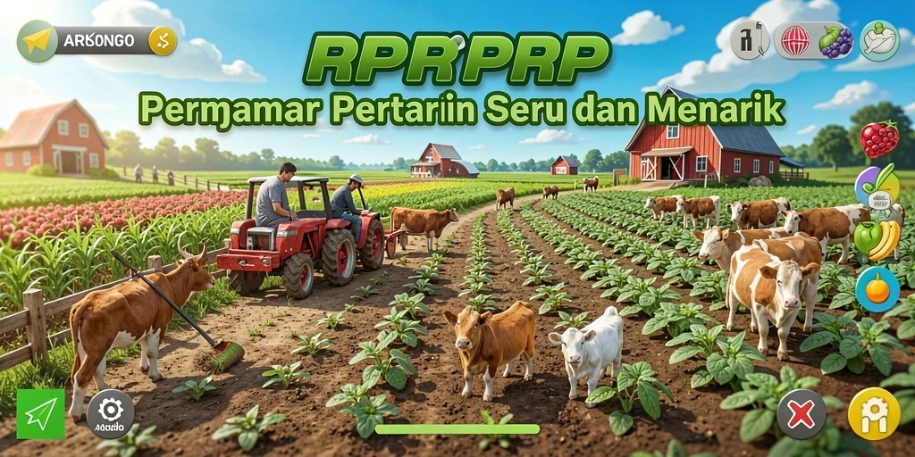 Tampilan gameplay RPRPRP dengan ladang hijau subur dan aktivitas bertani.