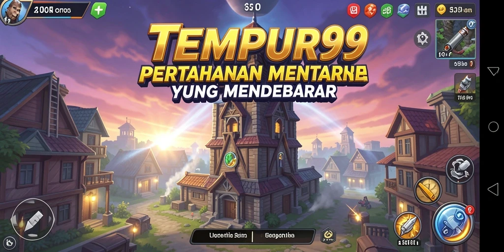 Screenshot utama TEMPUR99 menampilkan serangan menara yang seru.